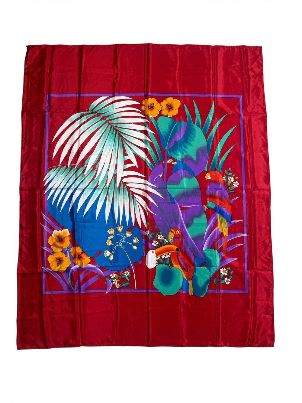 Striking Tropical Birds Palm Leaf Floral Parrot Toucan Silky Vibrant Red Scarf